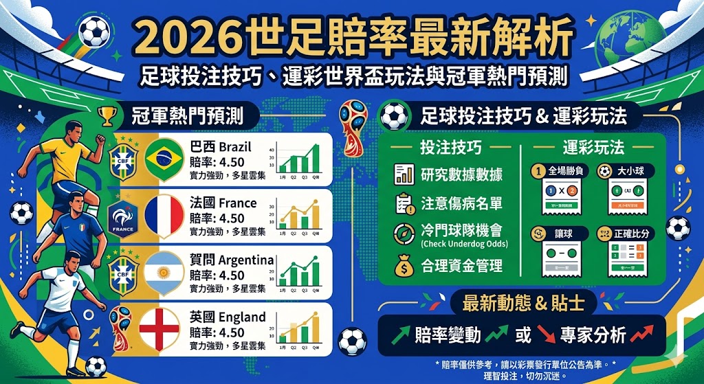 2026世足賠率最新解析｜足球投注技巧、運彩世界盃玩法與冠軍熱門預測